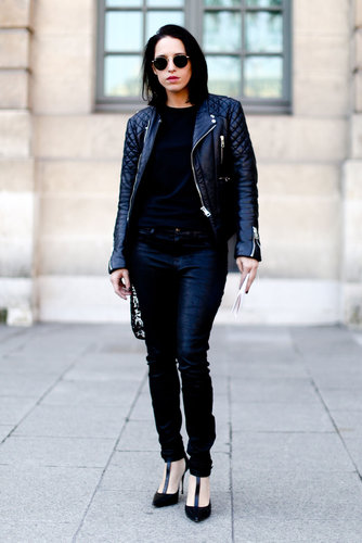 Edged-up street style with leather and heels, all in black.
Edged-up street style with leather and heels, all in black.