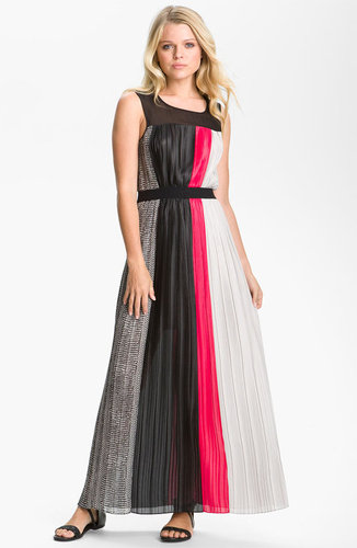 BCBGMAXAZRIA Contrast Panel Pleated Chiffon Maxi Dress