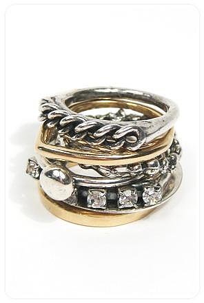 Iosselliani Curb Chain and Rhinestone Mixed Metal Stack Rings