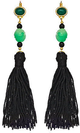 Kenneth Jay Lane Black and Green Tassel Shoulder Duster Earrings