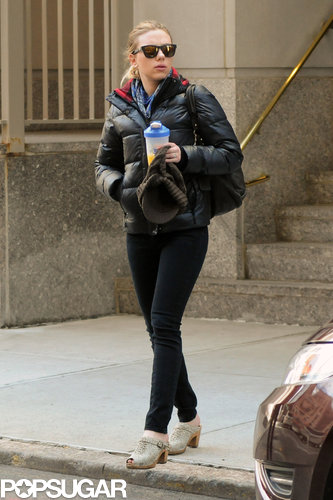 Scarlett Johansson wore a warm jacket and shades.
Scarlett Johansson wore a warm jacket and shades.