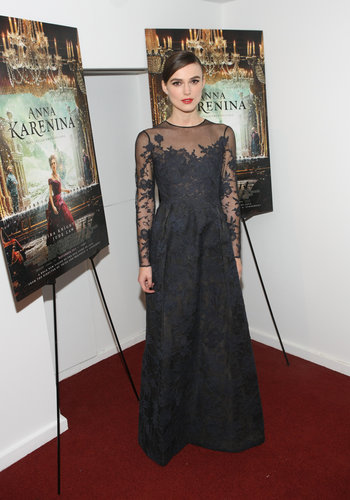 The actress chose a dark, floor-length Valentino gown to premiere Anna Karenina in NYC.
The actress chose a dark, floor-length Valentino gown to premiere Anna Karenina in NYC.