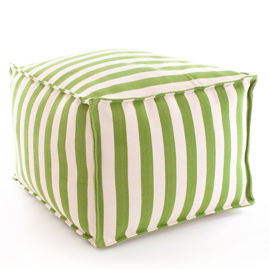 Stick to soft, practical seating options like this striped green pouf ($275).
Stick to soft, practical seating options like this striped green pouf ($275).