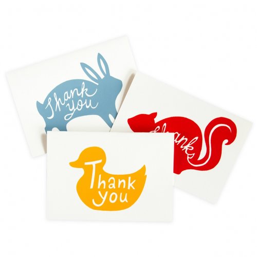 The animal thank yous ($17 for a set of six) by Beau Ideal Editions come in three playful designs.
The animal thank yous ($17 for a set of six) by Beau Ideal Editions come in three playful designs.
