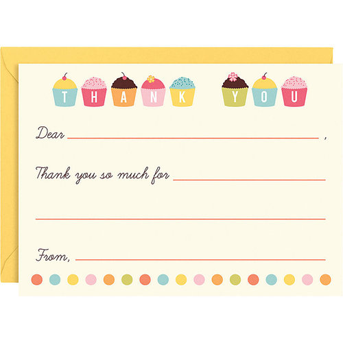 With the darling cupcake thank you notes ($12 for a set of 10) from Paper Source, your little one just needs to fill out specifics.
With the darling cupcake thank you notes ($12 for a set of 10) from Paper Source, your little one just needs to fill out specifics.