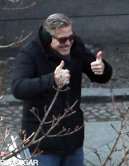 George Clooney gave a thumbs-up on the set of The Monuments Men in Berlin.
George Clooney gave a thumbs-up on the set of The Monuments Men in Berlin.