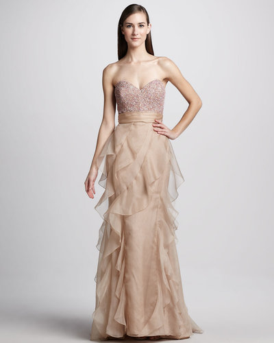 Badgley Mischka Strapless Bead-Top Ruffled Gown