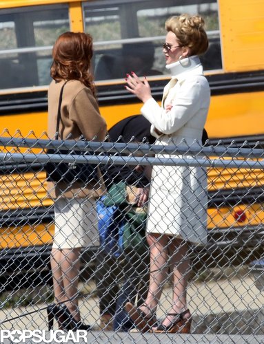 Jennifer Lawrence wore a neck brace while chatting with Amy Adams on set in Boston.
Jennifer Lawrence wore a neck brace while chatting with Amy Adams on set in Boston.