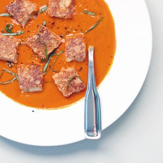 Spicy Tomato Soup With Grilled Cheese Croutons