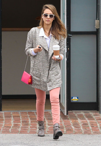 Jessica Alba played with proportions, donning a metallic Joe's Jeans jacket, peach skinny jeans, and a crisp white button-down in LA. She jazzed up her neutral pairing with snakeskin moto boots, a fuchsia Loewe crossbody, and retro shades.
Jessica Alba played with proportions, donning a metallic Joe's Jeans jacket, peach skinny jeans, and a crisp white button-down in LA. She jazzed up her neutral pairing with snakeskin moto boots, a fuchsia Loewe crossbody, and retro shades.