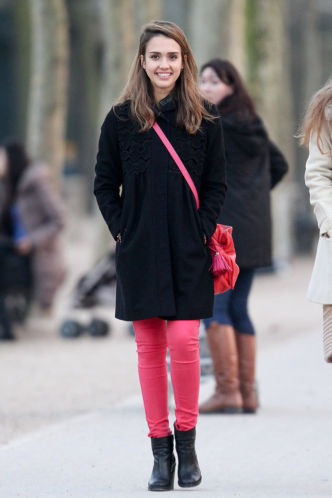 Jessica was all smiles in coordinating hot-pink denim and a leather Loewe shoulder bag in Paris.
Jessica was all smiles in coordinating hot-pink denim and a leather Loewe shoulder bag in Paris.