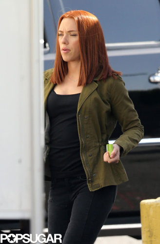 Scarlett Johansson Sports Red Hair on the Captain America Set Scarlett Johansson Sports Red Hair on the Captain America Set