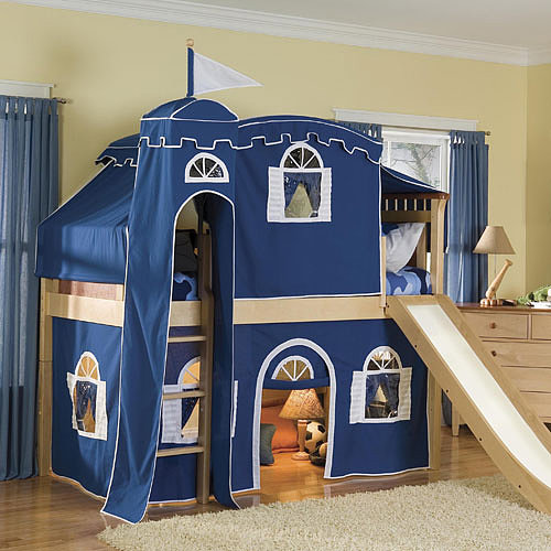 Let him rule his room with a castle bed ($1,300). He can flee to his slumber or use the lower loft as a cozy retreat. Best part? The slide!
Let him rule his room with a castle bed ($1,300). He can flee to his slumber or use the lower loft as a cozy retreat. Best part? The slide!