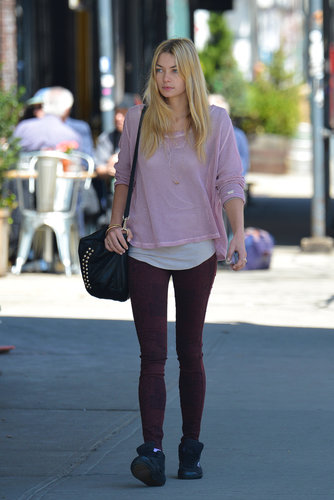 Jessica Hart's lavender top and maroon jeans made for a unique pairing in NYC.
Jessica Hart's lavender top and maroon jeans made for a unique pairing in NYC.