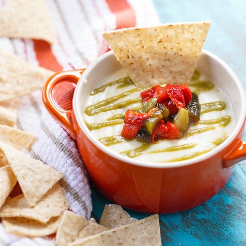 Ultimate Queso with Roasted Poblano Sauce and Pepper Relish