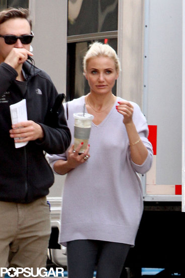 Cameron Diaz grabbed a drink between takes on the set of The Other Woman on Tuesday.
Cameron Diaz grabbed a drink between takes on the set of The Other Woman on Tuesday.