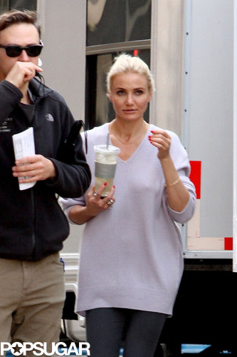 Cameron Diaz grabbed a drink between takes on the set of The Other Woman on Tuesday.
Cameron Diaz grabbed a drink between takes on the set of The Other Woman on Tuesday.