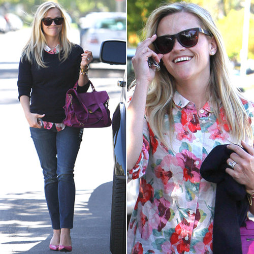 Reese Witherspoon blossomed in a floral-print blouse, magenta Proenza Schouler satchel, two-tone d'Orsay pumps by 3.1 Phillip Lim, and these Louisiana Purchase ($165) Westward Leaning sunglasses in LA.
Reese Witherspoon blossomed in a floral-print blouse, magenta Proenza Schouler satchel, two-tone d'Orsay pumps by 3.1 Phillip Lim, and these Louisiana Purchase ($165) Westward Leaning sunglasses in LA.