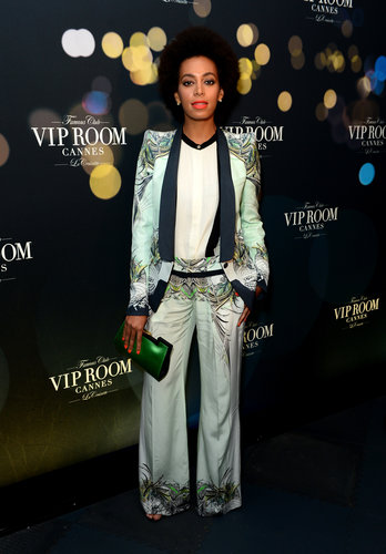 Solange Knowles worked the menswear vibe in a printed Roberto Cavalli suit at the Belvedere's party.
Solange Knowles worked the menswear vibe in a printed Roberto Cavalli suit at the Belvedere's party.
