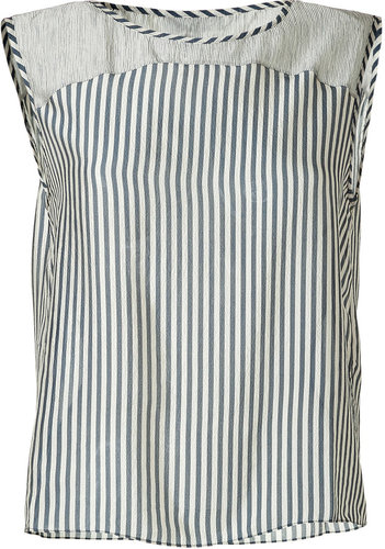 Suno Navy/Ecru Striped Silk Sleeveless Top