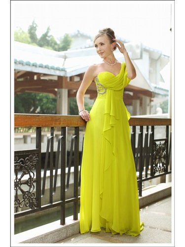 Beading Satin Column One shoulder Floor length Yellow Prom Dress WNP0036