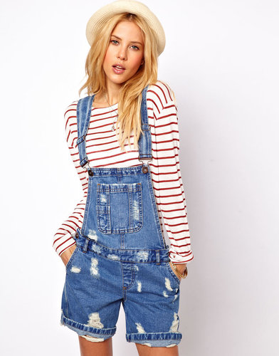 ASOS Denim Dungaree Shorts in Ripped Vintage Wash