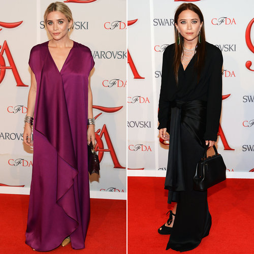 Twinning combo: The designing sisters celebrated their 2012 CFDA Womenswear Designer of the Year Award in rich hues and silky silhouettes, both by The Row.
Ashley pumped up the color in a deep fuchsia gown with cascading front-ruffle detail and a no-fuss updo.
Mary-Kate went for a darker look, owning a black long-sleeved silk dress with a high-low hem, then slipping on dazzling diamond drop earrings for a pop of shine.
Twinning combo: The designing sisters celebrated their 2012 CFDA Womenswear Designer of the Year Award in rich hues and silky silhouettes, both by The Row.
Ashley pumped up the color in a deep fuchsia gown with cascading front-ruffle detail and a no-fuss updo.
Mary-Kate went for a darker look, owning a black long-sleeved silk dress with a high-low hem, then slipping on dazzling diamond drop earrings for a pop of shine.