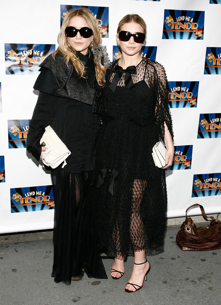 Twinning combo: The girls coordinated more than their sheer monochromatic ensembles, both opting for white clutches and blackout shades for the Broadway opening of Lend Me a Tendor in April 2010.
Mary-Kate worked a dual-textured coat over her sheer-overlay dress, then added a pop of flair via a white Proenza Schouler clutch.
Ashley embraced her girlie side in a sheer-overlay dress with bow details and dainty ankle-strap sandals.
Twinning combo: The girls coordinated more than their sheer monochromatic ensembles, both opting for white clutches and blackout shades for the Broadway opening of Lend Me a Tendor in April 2010.
Mary-Kate worked a dual-textured coat over her sheer-overlay dress, then added a pop of flair via a white Proenza Schouler clutch.
Ashley embraced her girlie side in a sheer-overlay dress with bow details and dainty ankle-strap sandals.