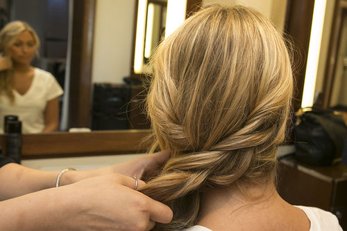 Guillen created a loose, inside-out braid (meaning she braided each section under instead of over) to add to the woven texture of the look. But, again, a simple twist would work just as well.
Guillen created a loose, inside-out braid (meaning she braided each section under instead of over) to add to the woven texture of the look. But, again, a simple twist would work just as well.