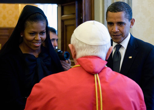 While in Rome in July 2009, the Obamas met with Pope Benedict XVI at the Vatican.
While in Rome in July 2009, the Obamas met with Pope Benedict XVI at the Vatican.