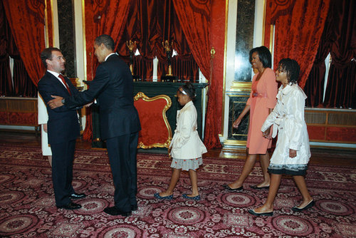 Then-President of Russia Dmitry Medvedev greeted the Obamas at the Kremlin before the leaders participated in a July 2009 summit.
Then-President of Russia Dmitry Medvedev greeted the Obamas at the Kremlin before the leaders participated in a July 2009 summit.