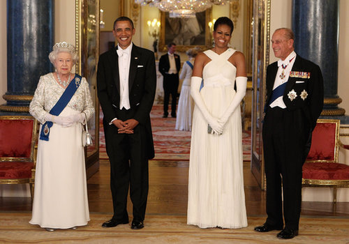 Queen Elizabeth II and Prince Philip stood by a dapper President Obama and First Lady Michelle at a May 2011 State Banquet.
Queen Elizabeth II and Prince Philip stood by a dapper President Obama and First Lady Michelle at a May 2011 State Banquet.
