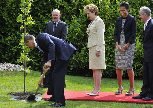 In May 2011, President Obama helped to plant a tree at Irish President Mary McAleese's residence in Dublin.
In May 2011, President Obama helped to plant a tree at Irish President Mary McAleese's residence in Dublin.