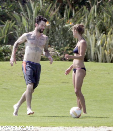 Adam Levine and Nina Agdal showed skin during their game.
Adam Levine and Nina Agdal showed skin during their game.