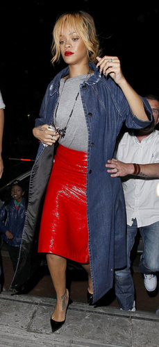 For an edgier Fourth of July outfit, look no further than Rihanna in a red patent leather skirt. Then tone it down with a gray tee, a denim jacket, and black pumps.
For an edgier Fourth of July outfit, look no further than Rihanna in a red patent leather skirt. Then tone it down with a gray tee, a denim jacket, and black pumps.
