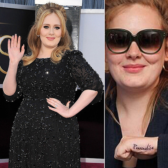 Adele got a tattoo of the word "Paradise" on her left hand during a visit to NYC.
Source: Twitter user BangBang and Getty
Adele got a tattoo of the word "Paradise" on her left hand during a visit to NYC.
Source: Twitter user BangBang and Getty