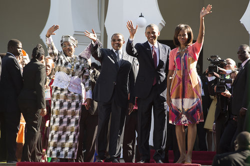 In Tanzania, the Obamas waved alongside Tanzanian President Jakaya Kikwete and First Lady Mama Salma Kikwete in July.
In Tanzania, the Obamas waved alongside Tanzanian President Jakaya Kikwete and First Lady Mama Salma Kikwete in July.
