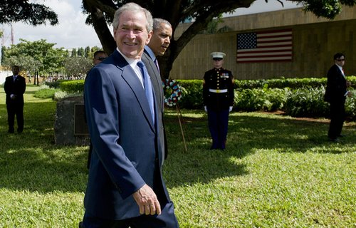 In July, former President George W. Bush smiled next to President Obama as they arrived at the wreath-laying ceremony for victims of the 1998 US Embassy bombing in Tanzania.
In July, former President George W. Bush smiled next to President Obama as they arrived at the wreath-laying ceremony for victims of the 1998 US Embassy bombing in Tanzania.