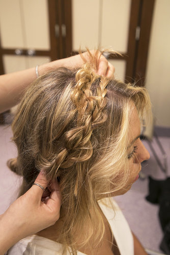 Drape the braid the same way as the left side, and secure with pins.
Drape the braid the same way as the left side, and secure with pins.
