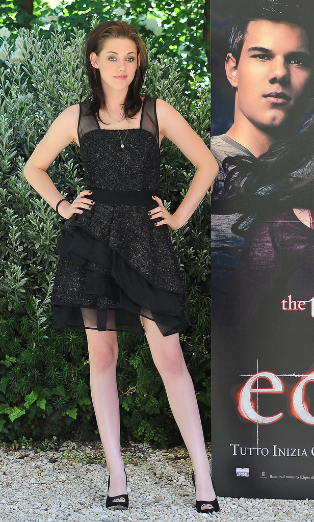 A tiered J. Mendel was Stewart's dress of choice for the Rome photocall for Eclipse in 2010.
A tiered J. Mendel was Stewart's dress of choice for the Rome photocall for Eclipse in 2010.