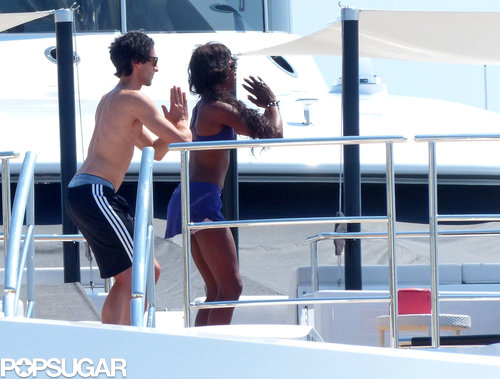 Naomi Campbell wore a purple sports bra while Adrien went shirtless.
Naomi Campbell wore a purple sports bra while Adrien went shirtless.