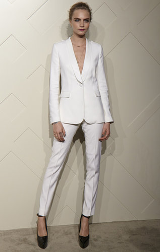 To host a Burberry party in Shanghai, Cara Delevingne picked a slick white suit from the label and black ankle-strap heels.
Photo courtesy of Burberry
To host a Burberry party in Shanghai, Cara Delevingne picked a slick white suit from the label and black ankle-strap heels.
Photo courtesy of Burberry