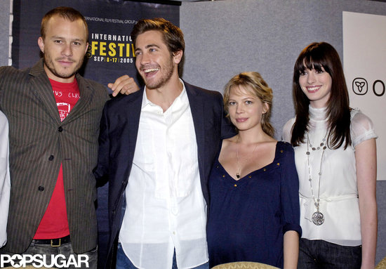 The cast of Brokeback Mountain, Jake Gyllenhaal, Anne Hathaway, Michelle Williams, and Heath Ledger, saddled up and headed north for 2005's Toronto International Film Festival.
The cast of Brokeback Mountain, Jake Gyllenhaal, Anne Hathaway, Michelle Williams, and Heath Ledger, saddled up and headed north for 2005's Toronto International Film Festival.