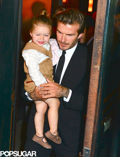 David Beckham carried baby Harper out of Balthazar Restaurant in NYC.
David Beckham carried baby Harper out of Balthazar Restaurant in NYC.