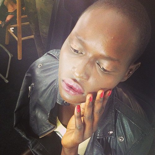Makeup artist James Boehmer used two different Nars lip pencils and loose powder to achieve this blurred lip look for Naeem Khan.
Makeup artist James Boehmer used two different Nars lip pencils and loose powder to achieve this blurred lip look for Naeem Khan.