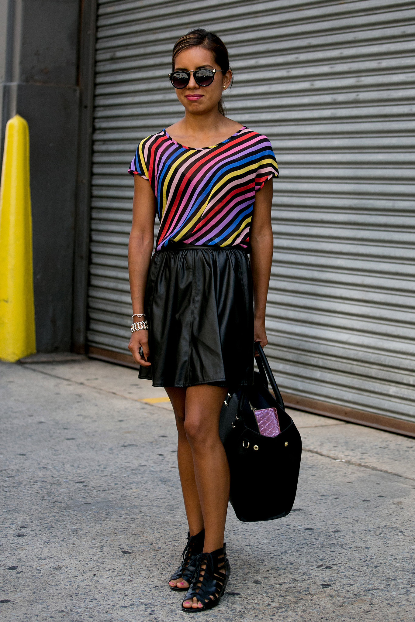Nothing brightens up black leather faster than a rainbow-striped top. 
