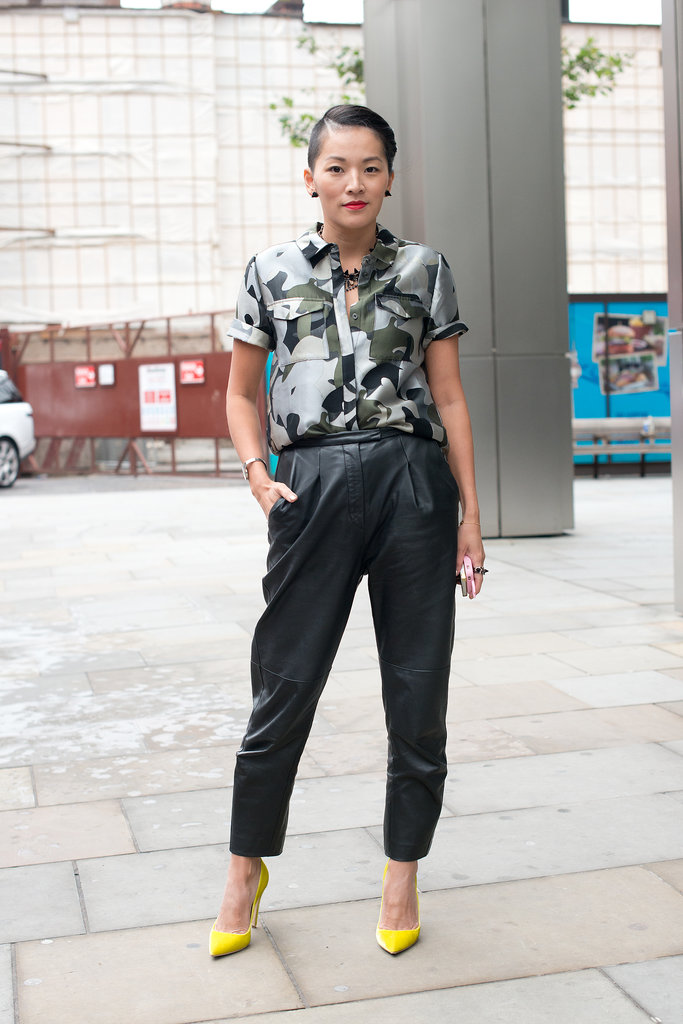 Another showgoer took on the cool-girl styling formula: camo and leather.
Another showgoer took on the cool-girl styling formula: camo and leather.