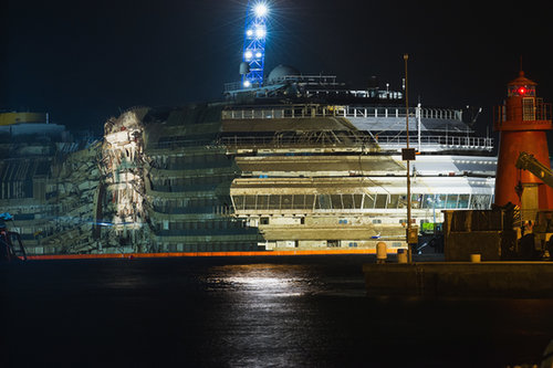 The damaged half of the Costa Concordia could be seen once the vessel was righted.
The damaged half of the Costa Concordia could be seen once the vessel was righted.