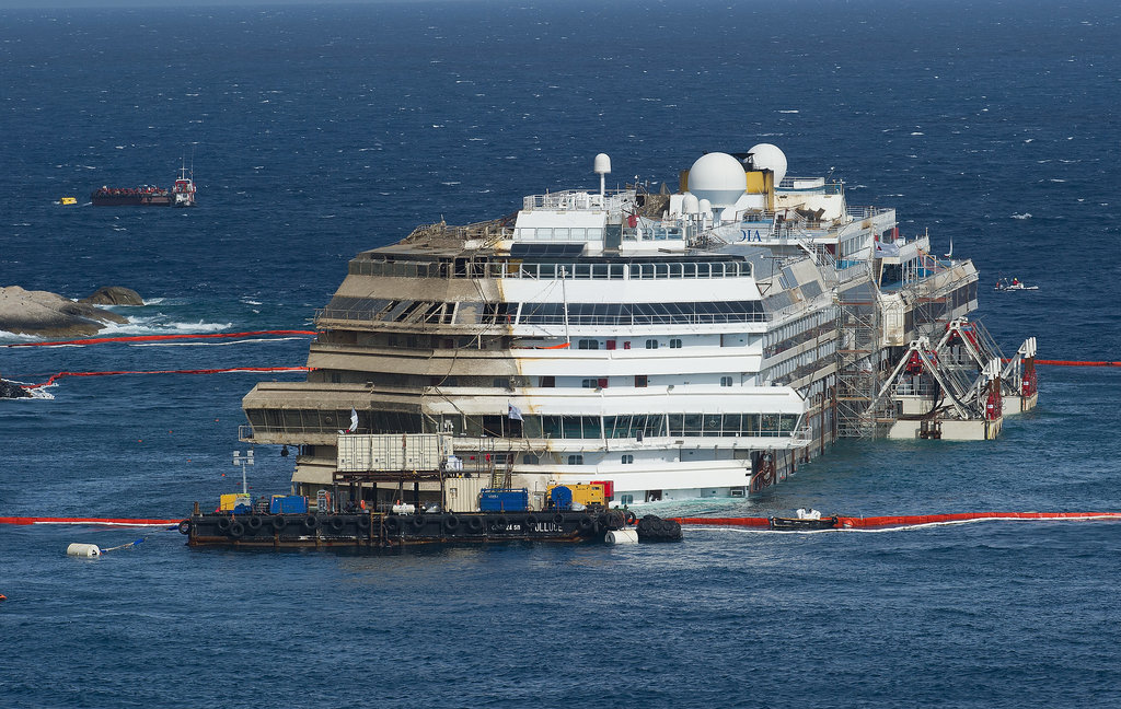 The Costa Concordia was successfully righted, then prepared to be towed and scrapped. The Costa Concordia was successfully righted, then prepared to be towed and scrapped.