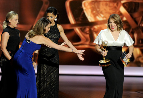 Tina Fey wanted to make sure Merritt Wever was good to go as she handed over the award.
Tina Fey wanted to make sure Merritt Wever was good to go as she handed over the award.